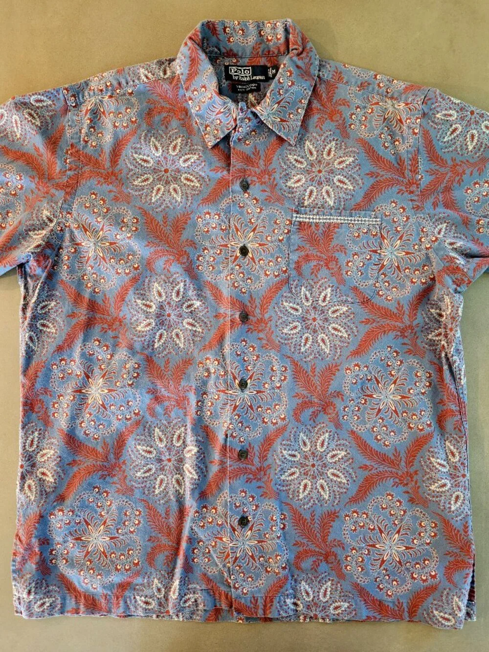 Polo Ralph Lauren Vintage Camp 100% Cotton Button Front Blue & Red Shirt Size M